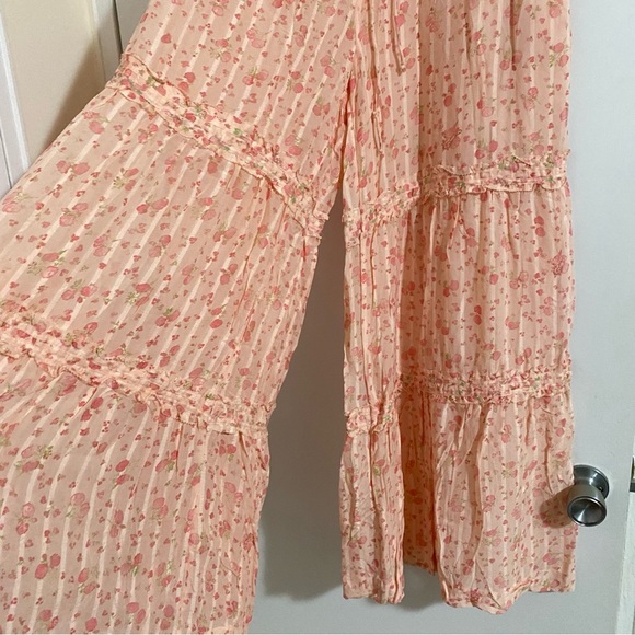 New Free Peoplel Emmaline Tiered Floral Wide Leg Pull-On Pants Peach Combo Sz L - Picture 10 of 16